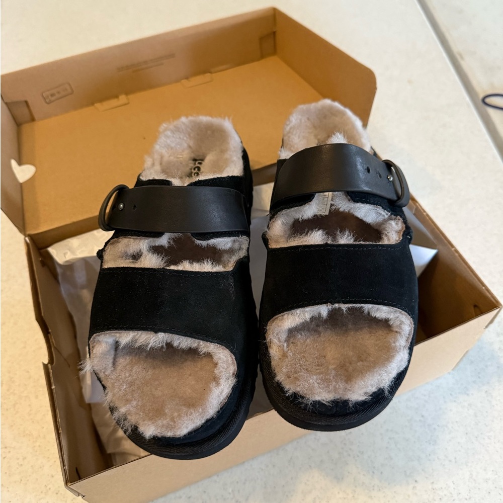 UGG Black Suede Shearling Slide Sandals with Tan Fur